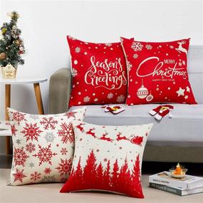 img 3 attached to Red Christmas Pillow Covers Set of 4 - Farmhouse Linen Pillowcases for Sofa Couch Xmas Decorations featuring Snow Pine Forest, Santa Claus, Reindeer Sled - 18×18 Holiday Pillow Cases