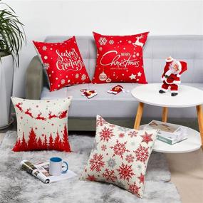 img 2 attached to Red Christmas Pillow Covers Set of 4 - Farmhouse Linen Pillowcases for Sofa Couch Xmas Decorations featuring Snow Pine Forest, Santa Claus, Reindeer Sled - 18×18 Holiday Pillow Cases