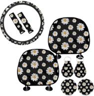 🌼 enhance your ride with bigcarjob's fun and vibrant crazy daisy print car accessories set - steering wheel cover, headrest cover, keyring, cup pad, seat belt shoulder pads (set of 9) logo