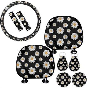 img 4 attached to 🌼 Enhance Your Ride with BIGCARJOB's Fun and Vibrant Crazy Daisy Print Car Accessories Set - Steering Wheel Cover, Headrest Cover, Keyring, Cup Pad, Seat Belt Shoulder Pads (Set of 9)