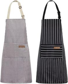 img 4 attached to 👨 NLUS 2 Pack Kitchen Cooking Aprons - Adjustable Bib Soft Chef Apron with 2 Pockets for Men Women, Black/Brown Stripes – Stylish and Functional!