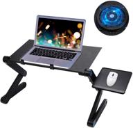 📚 portable adjustable laptop desk with cooling fan, bed computer stand - foldable lap table workstation with mouse pad side - ergonomic height & angle tilt - aluminum desktop folding holder logo