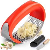 🧄 zulay stainless steel garlic press rocker set - premium mincer, peeler & scraper combo - convenient arc shape design & comfortable grip (red) logo