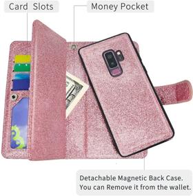 img 1 attached to 📱 MODOS LOGICOS Samsung Galaxy S9 Plus Case: Detachable Wallet Folio with Zipper Cash Storage and 9 Card Slots, Glitter Sparkle PU Leather Purse in Rose Gold