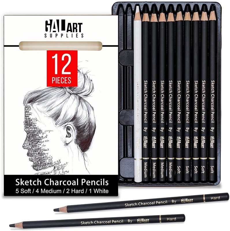 ARTEZA White Charcoal Pencils Pack of 12 Smooth Medium-Hard