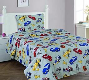 img 1 attached to 🏎️ Elegant Home Multicolor Racing Cars Race Car Design 3 Piece Printed Twin Size Sheet Set with Pillowcase & Sheets for Boys/Kids/Teens - Grey, Red, Blue, Yellow # Transportation (Twin)