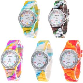 img 4 attached to Wholesale Watch Set: CdyBox 5 Pack Rhinestone Colorful Silicone Jelly Wristwatches for Women and Girls