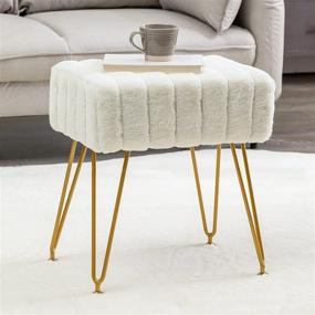 img 4 attached to 🛋️ Modern Mink Square Footstool Ottoman Bench: White Faux Fur Vanity Stool with Gold Legs - Comfy and Plush Makeup Stools for Vanity, Bedroom, and Living Room