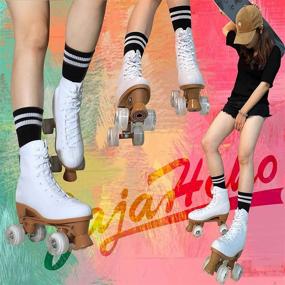 img 2 attached to Holographic High Top PU Leather Roller Skates for Women: JAJAHOHO Shiny Double-Row Four Wheels Quad Skates for Girls and Age 8-50 Indoor Outdoor