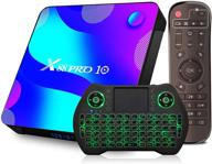 2021 android tv box with 4gb ram, 32gb rom, rk3318 4-core processor, mali-450 gpu, 4k uhd, usb 3.0, bluetooth 4.0, 2.4g/5g wifi, 100m, smart tv box with backlit mini wireless keyboard 2.4g logo