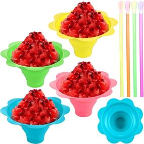 img 4 attached to 🌸 70-ту Flower Drip Cups и Spoon Straws Set | Включает в себя 20 ярких цветных чашек с цветками (4 унции) | Противотечные небольшие миски для раскрошенного льда, мороженого | 50 пластиковых ложек-соломинок | Милый набор для снежных конусов