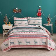 festive full/queen size christmas quilt set: lightweight xmas deer bedspread in rustic cabin style, complete with pillowshams - red green christmas bedding decor perfect for new year holiday logo
