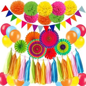 img 4 attached to 🎉 ZERODECO Multicolor Fiesta Party Decorations - Vibrant Hanging Paper Fans, Pompoms, Latex Balloons, Tissue Paper Tassels, Triangle Bunting Banner - Perfect for Mexican Cinco De Mayo, Baby Shower, and Fiesta Parties