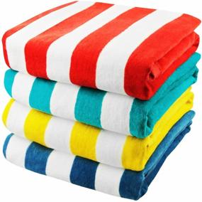 img 4 attached to 🏖️ Premium 4-Piece Beach Towel Set - 100% Cotton, Cabana Striped - Pool Towel, Bath Towel - Red/Turquoise/Yellow/Navy, 30"x60" - Soft, Fast-Drying, Lightweight, Absorbent & Plush