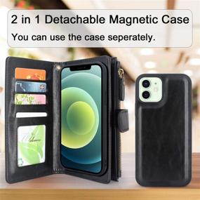 img 2 attached to Harryshell iPhone 12 Pro Case Wallet: Detachable Magnetic Zipper Leather with 12 Card Slots and Wrist Strap - Black