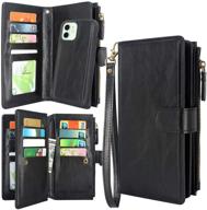 harryshell iphone 12 pro case wallet: detachable magnetic zipper leather with 12 card slots and wrist strap - black logo