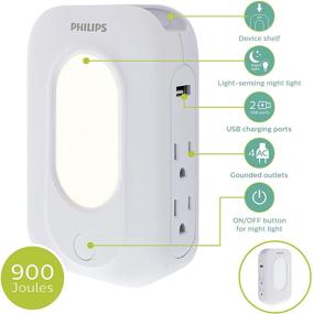 img 1 attached to Philips 4-Outlet Extender with 2-USB Surge Protector, Light-Sensing Night Light, Side Access, 3-Prong, Charging Station, SPP6241WC/37, White, 1 Pack