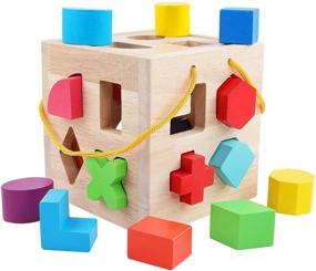 img 4 attached to 🧩 Большие игрушки-сортер QZMTOY: 19 ярких геометрических деревянных блоков и сортировочный кубик в коробке - классическая деревянная развивающая игрушка для малышей дошкольного возраста - идеальный подарок на день рождения для мальчиков и девочек.