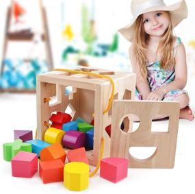img 2 attached to 🧩 QZMTOY Big Shape Sorter Toys: 19 Colorful Wood Geometric Shape Blocks & Sorting Cube Box – Classic Wooden Developmental Toy for Preschool Toddlers – Ideal Birthday Gift for Boys and Girls
