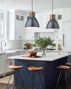 img 3 attached to 🔵 ELYONA Dark Blue Industrial Pendant Light: Modern Wood Hanging Lamp with Adjustable Height and Hammered Metal Shade – Ideal for Kitchen Island, Dining Room, Bedroom, Bar, and Office