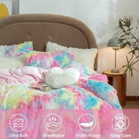 img 2 attached to 🌈 SUCSES Plush Shaggy Bedding Set Twin Size - (1 Faux Fur Duvet Cover + 2 Pillow Shams) - Tie Dyed Rainbow Soft Warm Comforter Cover - Zipper Closure, Pink