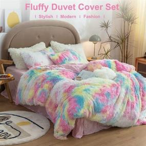 img 3 attached to 🌈 SUCSES Plush Shaggy Bedding Set Twin Size - (1 Faux Fur Duvet Cover + 2 Pillow Shams) - Tie Dyed Rainbow Soft Warm Comforter Cover - Zipper Closure, Pink