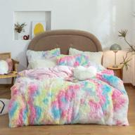 🌈 sucses plush shaggy bedding set twin size - (1 faux fur duvet cover + 2 pillow shams) - tie dyed rainbow soft warm comforter cover - zipper closure, pink logo