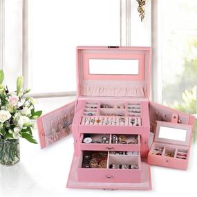 img 1 attached to 👛 Optimized Search: Pink Kendal Large Leather Jewelry Box with Travel Case, Lock, Storage, and Organizer