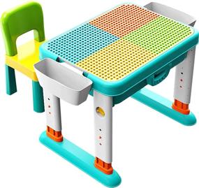 img 4 attached to Children's 4-in-1 Multi Activity Table Set for Lego Large Construction Bricks | Play Game Desk with Chair for Educational Toys | Adjustable Height for Toddlers to Preschoolers, Ages 3-10