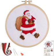 erjia embroidery starter kit - stamped christmas gift with santa design, cotton fabric for beginners, plastic hoops, color threads and tools set for diy art, crafts, sewing (santa) logo