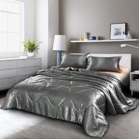 img 4 attached to 🛏️ Luxurious Solid Satin Silk Comforter Set - Ultra Soft Silky Quilt - Breathable Bedding Bed-in-A-Bag Queen Size (Grey)