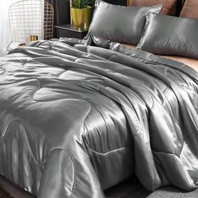 img 2 attached to 🛏️ Luxurious Solid Satin Silk Comforter Set - Ultra Soft Silky Quilt - Breathable Bedding Bed-in-A-Bag Queen Size (Grey)