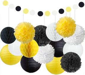 img 1 attached to 🎉 Fascola 22-Piece Party Decor Kit: White, Yellow, and Black Tissue Paper Pom Poms, Flowers, Lanterns, Circle Garland - Perfect for Birthday, Wedding, Christening, Frozen-inspired Theme Party Decorations, Ideal for Adults, Boys, and Girls