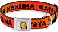 stay safe with the buckle-down seatbelt buckle dog collar - lion king hakuna matata sunset oranges/black logo