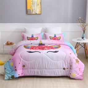 img 3 attached to SIRDO Magical Unicorn Ultra Soft Girls Comforter Set: Pink Queen Size Microfiber 3 Piece Bed Set for Teen Girls with Sparkle Stars Ombre Bedding Sets - Machine Washable!