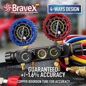img 3 attached to Bravex 4-Way AC Diagnostic Manifold Gauge Set for Multiple Refrigerants (R134A, R410A, R22, R404A) - Freon Charging Tool with 5FT Hose, 3 Acme Tank Adapters, Adjustable Couplers, and Can Tap