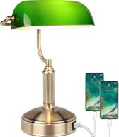 bankers lamp with usb ports: touch control green glass desk lamp with vintage brass base - 3 way dimmable table lamp for bedroom, workplace, office, library, hotel lobby - includes bulb логотип