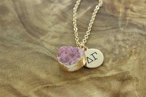 img 1 attached to 💖 Sorority DG Necklace - Pink Druzy Gemstone Pendant with Engraved Delta Gamma Symbol - 14K Gold Dipped Jewelry Featuring Pink Gemstone - Perfect Sorority Gift and Charm Paraphernalia