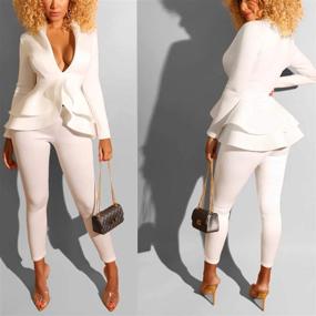 img 2 attached to 👗 Sexy Women's Two Piece Outfit - V Neck Peplum Ruffle Raw Hem Pullover Tops with Bodycon Long Pants Sets - Stylish Tracksuit