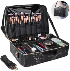 img 4 attached to 💼 Waterproof Travel Makeup Case Organizer - Large Professional Makeup Bag with Removable Dividers, Shoulder Strap and Fixing Strap in Marble Black (Large Size)