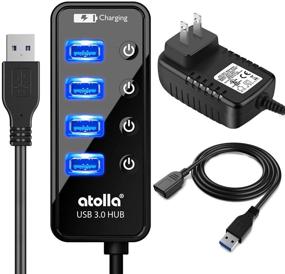 img 4 attached to atolla Powered USB Hub with Long Cord - USB 3.0 Hub for Data Transfer and Charging with 4 + 1 Ports, 15W Power Supply Adapter, and 3.3ft USB 3 Extension Cable