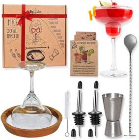 img 4 attached to 🍸 Complete 11-Piece Margarita Salt Rimmer Set: Acacia Wood Glass Rimmer Dish, Jigger, Spoon, Pourers, Caps, Brush. Wide 7.1" Margarita Rimmer Tray!