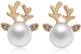 img 2 attached to 🦌 ROSTIVO Christmas Earrings: Cute Pearl Antler Studs for Women & Teen Girls (Gold)