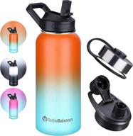 🍊 bottlebaboon stainless steel water bottles with straw – 32 oz insulated double wall vacuum bottle, orange & green – keep liquids hot/cold, 3 lids, wide mouth sports bottle logo