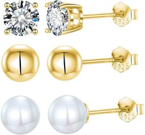 img 4 attached to 💎 Sterling Silver Ball Stud Earrings Set - 3 Pairs for Women with Tiny Pearl and Cubic Zirconia Options - Ideal Earring Sets for Teenage Girls