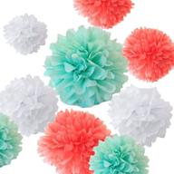 fonder mols 12pcs art craft pom poms tissue paper flowers ball kit - coral, mint green & white - mixed sizes 8'' 10'' 12'' 14'' for diy craft projects and decorations логотип