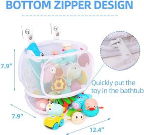 img 2 attached to 🛀 AMZKEIO 2-Pack Bath Toy Storage | Bath Toy Organizer with Fixed Opening | Large Capacity Standing Bath Toy Holder | Includes 8 Super Sticky Hooks | Quick-Drying Mesh Storage Bag with Bottom Zipper | White and Blue