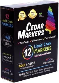 img 2 attached to Жидкие маркеры Cedar Markers - 12 шт. с 40 этикетками для меловой доски - яркие неоновые цвета, включая золото и серебро. Универсальные маркеры для сухого стирания на окнах, стекле, меловой доске с обратимым наконечником.