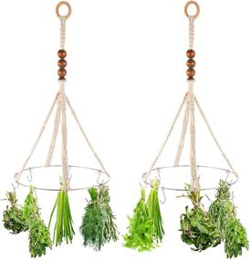 img 4 attached to 🌿 Boho Chic Herb Drying Rack 2-Pack - Macrame Hanging Flower Mobile with 20 Herb Dryer Hooks - Cotton Rope Woven Herbal Drier with Wooden Hanging Ring for Hydroponic Plants & Mushrooms