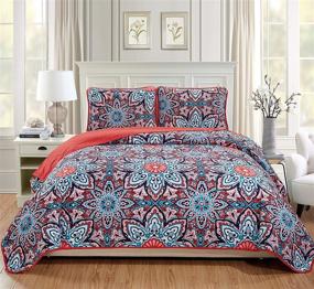 img 1 attached to 🌸 Stylish and Colorful MK Home 3pc King/California King Oversized Quilted Bedspread Coverlet Set in Floral Pink/Red Blue and Light Pink - Brand New